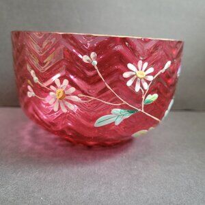 Vintage Hand-Painted Cranberry Glass Bowl Handpainted Floral Design &Chevron Pat